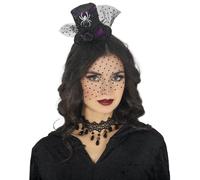 FIESTAS GUIRCA | Minihat Chistera con Velo Negra (Mujer Adulta) - Diadema de Sombrero Mini para Disfraz de Bruja, Vampiresa o Gótica - Accesorio Elegante para Halloween y Fiestas de Disfraces - Negro