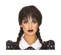 FIESTAS GUIRCA | Peluca de Disfraz Trenzas Góticas Mujer - Negro | Pelo Artificial | Flequillo Liso | Dos Coletas Largas | Talla Adulta | Color Oscuro | Halloween, Carnaval