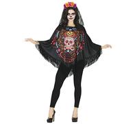 FIESTAS GUIRCA Poncho Día De los Muertos - Poncho Negro Calaveras Y Flores - Disfraz Halloween Mujer Talla 38-40 M