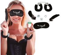 FIESTAS GUIRCA | Set Erótico Sexy 5 Piezas Negro - Incluye Esposas, Pluma y Dado - Accesorio para Fiestas de Graduación, Verano y Celebraciones - Ideal para Adultos Unisex - Negro