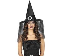 FIESTAS GUIRCA | Sombrero de Bruja con Velo y Estrellas - Accesorio para Disfraz de Bruja para Halloween y Fiestas de Disfraces - Ideal para Mujer Adulta - Negro