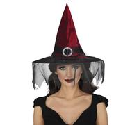 FIESTAS GUIRCA | Sombrero de Bruja Granate con Velo - Accesorio para Disfraz de Bruja para Halloween y Fiestas de Disfraces - Ideal para Mujer Adulta - Rojo