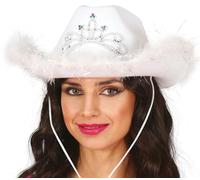 FIESTAS GUIRCA | Sombrero de Disfraz Vaquera Mujer - Blanco con Plumas | Fieltro Ligero | Borde Decorado, Tinsel | Tiara Gemas | Cuerda Ajustable | Carnaval, Halloween, Despedidas, Disfraces