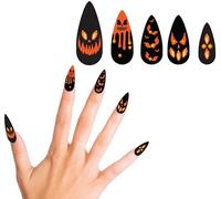 FIESTAS GUIRCA | Uñas de Calabaza con Joyas para Halloween (Set de 12 Uñas con Pegamento) - Decoración de Uñas para Fiestas de Disfraces y Celebraciones - Negro y Naranja