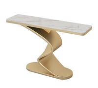 FIEUOGA Mesa Consola Media Luna Efecto Mármol, Mesa de Entrada Estrecha con Base Metálica, Mesa Consola Larga para Pasillo o Detrás del Sofá, Mueble Auxiliar para Salón(Gold B,L150CM/59IN)