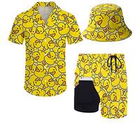 fifbird Conjunto de camisa y pantalones cortos para hombre de los años 80, 90, traje de camisa de los años 90 con sombreros de pescador, Pato amarillo, XL