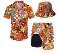 fifbird Conjunto de camisa y pantalones cortos para hombre de los años 80, 90, traje de camisa de los años 90 con sombreros de pescador, Floral hippie de los años 70, L