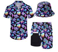 fifbird Conjunto de camisa y pantalones cortos para hombre de los años 80, 90, traje de camisa de los años 90 con sombreros de pescador, Magic Mushrooms - Colorido psicodélico, L