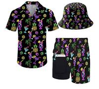 fifbird Conjunto de camisa y pantalones cortos para hombre de los años 80, 90, traje de camisa de los años 90 con sombreros de pescador, Cerveza neón, XXL