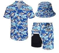fifbird Conjunto de camisa y pantalones cortos para hombre de los años 80, 90, traje de camisa de los años 90 con sombreros de pescador, Tiburones Tie Dye Azul, M