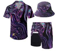 fifbird Conjunto de camisa y pantalones cortos para hombre de los años 80, 90, traje de camisa de los años 90 con sombreros de pescador, Trippy psicodélico negro, L