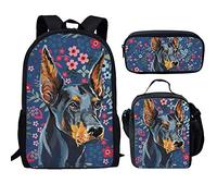 fifbird Conjunto de mochila para niñas con bolsa de almuerzo, estuche para lápices, 3 en 1, lindo animal, bolsa escolar primaria, bolsa de libros para niños, juego de mochila resistente, Doberman