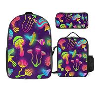 fifbird Magic Glowing Mushroom - Juego de mochila de 3 piezas, bolsa de almuerzo, estuche para lápices, gran capacidad, Mag psicodélico, Talla única, Mochilas de día