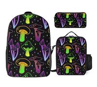 fifbird Magic Glowing Mushroom - Juego de mochila de 3 piezas, bolsa de almuerzo, estuche para lápices, gran capacidad, Mag psicodélico, Talla única, Mochilas de día