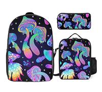 fifbird Magic Glowing Mushroom - Juego de mochila de 3 piezas, bolsa de almuerzo, estuche para lápices, gran capacidad, Mag psicodélico, Talla única, Mochilas de día
