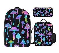 fifbird Magic Glowing Mushroom - Juego de mochila de 3 piezas, bolsa de almuerzo, estuche para lápices, gran capacidad, Mag psicodélico, Talla única, Mochilas de día