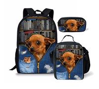 fifbird Mochila azul con diseño de animales del océano, mochila escolar, caja de almuerzo, estuche para lápices, mochila de 3 juegos, Conjunto Chihuahua, Talla única, Mochilas Daypack