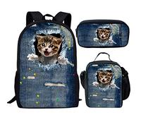 fifbird Mochila escolar con diseño de gato y perro, de mezclilla, color azul, 3 unidades, Conjunto de gato de mezclilla, Talla única, Mochilas Daypack
