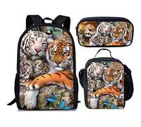 fifbird Mochila para niños con fiambrera, mochila para niños, mochila escolar con estampado de tigre, juego de 3 piezas, bolsa de libros para niños, bolsa de almuerzo, estuche de papelería, Conjunto