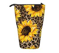 fifbird Portalápices de pie con diseño de girasoles amarillos, lujoso fondo de leopardo, estuche duradero y portátil para lápices de pie, estuche personalizado para estudiantes, multicolor, Talla