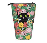 fifbird Portalápices de pie negro lindo gato en flores coloridas flores silvestres gatito dibujado a mano bolsa de cosméticos ligera estudiantes papelería estuche personalizado bolsa de maquillaje,