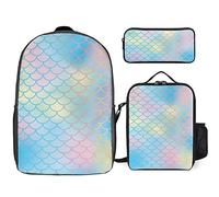 fifbird Rainbow Mermaid Scale - Juego de mochila de 3 piezas, bolsa de almuerzo, estuche para lápices, gran capacidad, Sirena arcoíris, Talla única, Mochilas de día