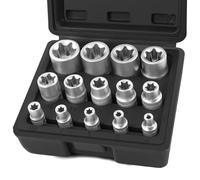 FIFIBANG 12 Pcs Llaves Vaso Torx Hembra, E-TORX Llaves de Vaso 1/4" 3/8" 1/2", Vasos para Llaves Torx Hexagonal Hembra 4, E5, E6, E7, E8, E10, E11, E12, E14, E16, E18, E20, E22, E24(Negro)