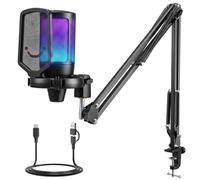 FIFINE Gaming Microfono para PC USB Typ-A/C, RGB Kit de Micrófono de Condensador para Ordenador PS4 PS5, con Botón de Silencio, Filtro Anti-Pop, Soporte de Choque, Soporte Microfono