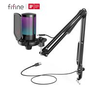 FIFINE Kit de micrófono para juegos USB para PC, juego de micrófono cardioide de condensador PS4/5 con botón de silencio/RGB/soporte de brazo, para transmisión de vídeo-A6T Negro