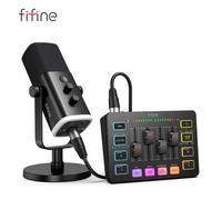 FIFINE Kit de Podcast todo en uno con mezclador de Audio RGB, juego de estudio de transmisión con micrófono dinámico para grabación de juegos de PC-Ampligame KS5 KS5W