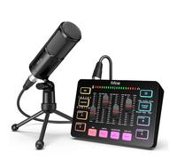 FIFINE Paquete de equipos de audio para podcast de juegos, juego de mezclador RGB de transmisión con micrófono vocal dinámico XLR, kit de grabación de voz con atenuador de volumen, control individual,