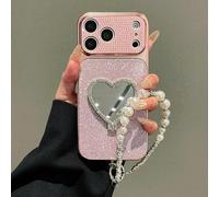 FIFTHAVE Funda para iPhone 14 con espejo, funda brillante para iPhone 14 con banda protectora espejo niña cadena de perlas funda lujosa suave TPU resistente a los golpes mujer funda rosa