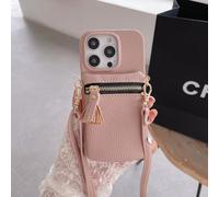FIFTHAVE Handykette für iPhone 14 Hülle mit Band Kartenfach Handyhülle iPhone 14 Wallet Schutzhülle Lanyard Necklace PU-Leder Reißverschluss Case für Frauen Mädchen Cover Rosa