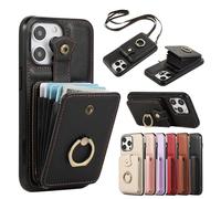FIFTHAVE Handykette für iPhone 14 Pro Hülle mit Kartenfach Handyhülle mit Band iPhone 14 Pro Lederhülle Kordel zum Umhängen Schutzhülle Lanyard Case Geldbörse weiche Stoßfeste Cover Schwarz