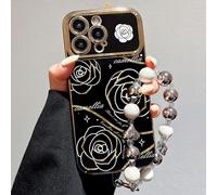 FIFTHAVE Handykette für iPhone 15 Plus Hülle mit Armband,weiche Handyhülle iPhone 15 Plus Band Schwarz Schmetterling Case Mädchen Schutzhülle Butterfly Blume Silikon TPU Stoßfest Frauen Cover 01