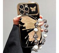 FIFTHAVE Handykette für iPhone 15 Plus Hülle mit Armband,weiche Handyhülle iPhone 15 Plus Band Schwarz Schmetterling Case Mädchen Schutzhülle Butterfly Blume Silikon TPU Stoßfest Frauen Cover 06