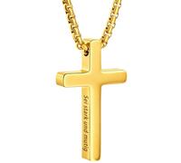 FIGCY Collar de Cruz Acero de Titanio Dorado, Colgante Grabado Sé fuerte y valiente Josué 1:9," Cadena Cristiana para Hombre, Perfecto como Regalo