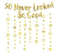 FIGCY Guirnalda Brillante de 50 Cumpleaños, Banner Dorado Never Looked So Good de 1,5m con Estrellas, Decoración Colgante para Fiesta de 50 Aniversario Personal