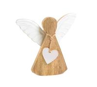 Figura ángel madera, 16 x 15 cm: decoración navideña natural con alas blancas y corazón, adorno rústico para mesa y ventana, decorativa para Navidad interior, ángel protector símbolo de paz y amor