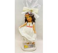 Figura comunión niña Tarta Morena Decorada y Personalizada con Nombre y Fecha muñeco Pastel Pelo Largo Ojos Verdes