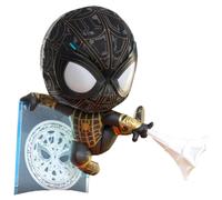 Figura Cosbaby estilizada con traje negro y dorado de Marvel Spider-Man con lice