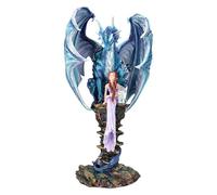 Figura de dragón con elfo Taria - Dragón azul que protege al niño elfo sobre rocas, estatua de 36 cm de altura