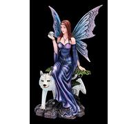 Figura de elfo con bola de adivino y lobo | Estatua de elfo hada ángel