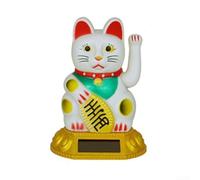 Figura de gato de la suerte Maneki Neko con energía solar que sostiene pepita dorada con base de panel solar para decoración de escritorio y coche (blanco)