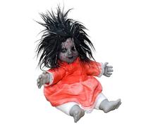 Figura de muñeca aterradora con cara iluminada y efecto de sonido aterrador, muñeca sentada aterradora