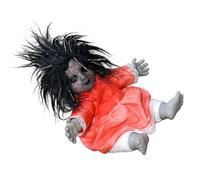 Figura de muñeca aterradora con cara iluminada y efecto de sonido aterrador, muñeca sentada aterradora, decoraciones de terror sentado fantasma