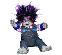 Figura de muñeca aterradora con cara iluminada y efecto de sonido aterrador, muñeca sentada aterradora