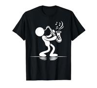 Figura de Palo Minimalista Tocando saxofón Jazz música Camiseta gráfica económica, Hombre, Negro, XL