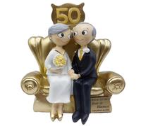 Figura de Pastel Pop&Fun Bodas de Oro (50 aniversario) PERSONALIZADA CON PLACA con el nombre y la fecha, medida aproximada:16x16,5 cm, poliresina pintada a mano en color dorado