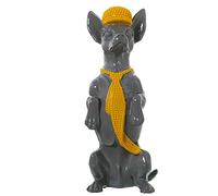 Figura de un Perro Sentado con Auriculares de Resina en Gris y Amarillo 4x11x30cm